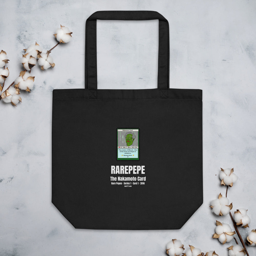 RAREPEPE by Mike — Rare Pepes Series 1 Card 1 — on a black tote bag, Flat Lifestyle Front