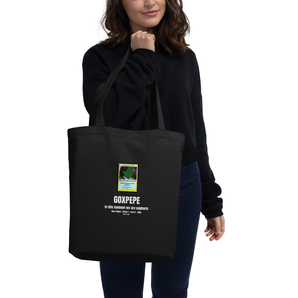 GOXPEPE by Mike — Rare Pepes Series 1 Card 2 — on a black tote bag, Front