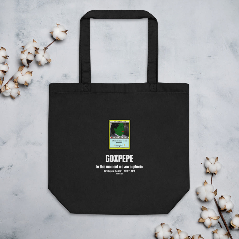 GOXPEPE by Mike — Rare Pepes Series 1 Card 2 — on a black tote bag, Flat Lifestyle Front