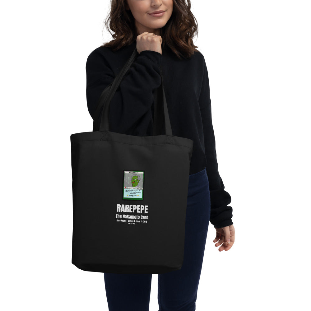 RAREPEPE by Mike — Rare Pepes Series 1 Card 1 — on a black tote bag, Women's Front
