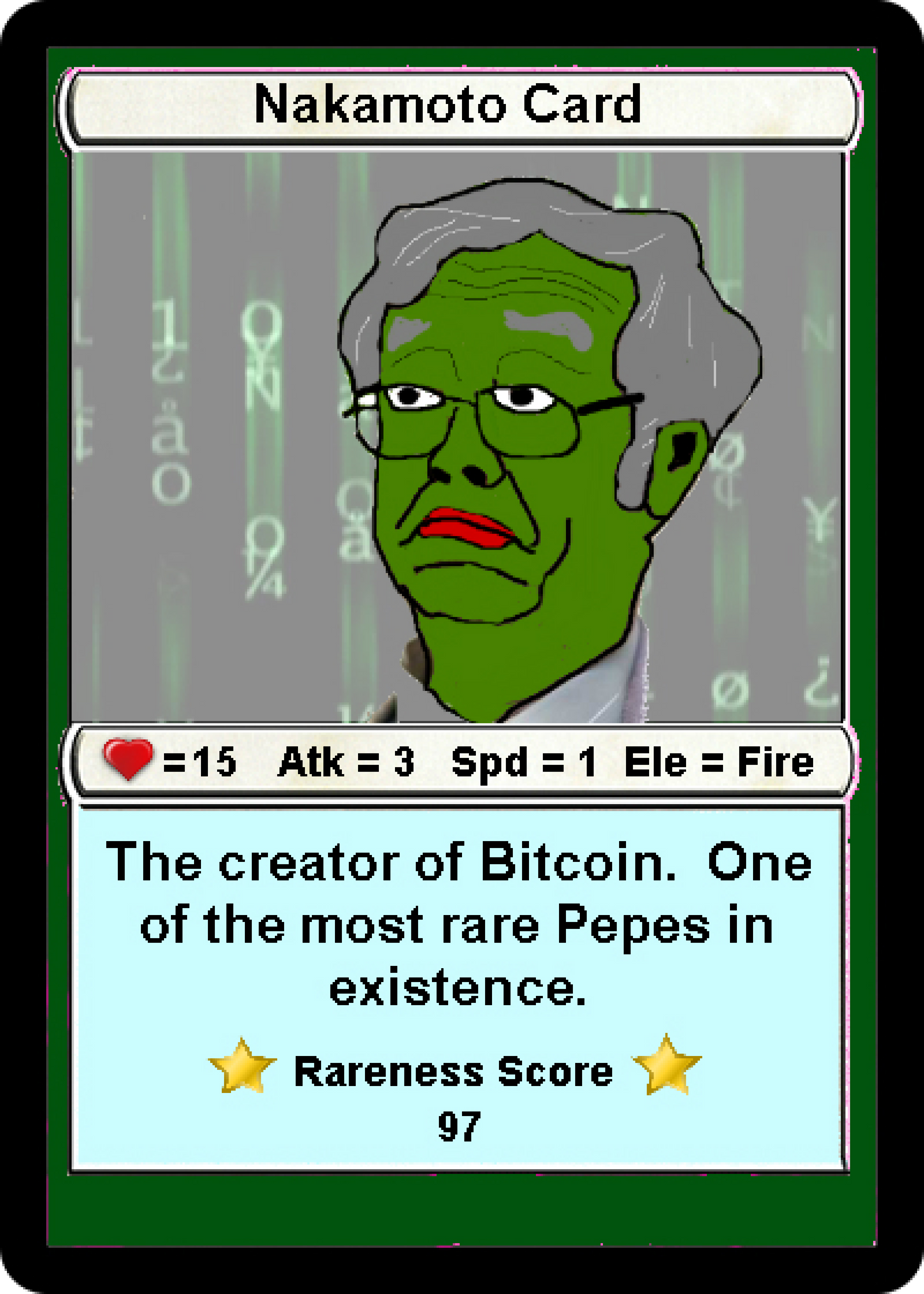 RAREPEPE — Rare Pepes Series 1, Card 1, by Mike. The card as issued, 8× nearest-neighbour.