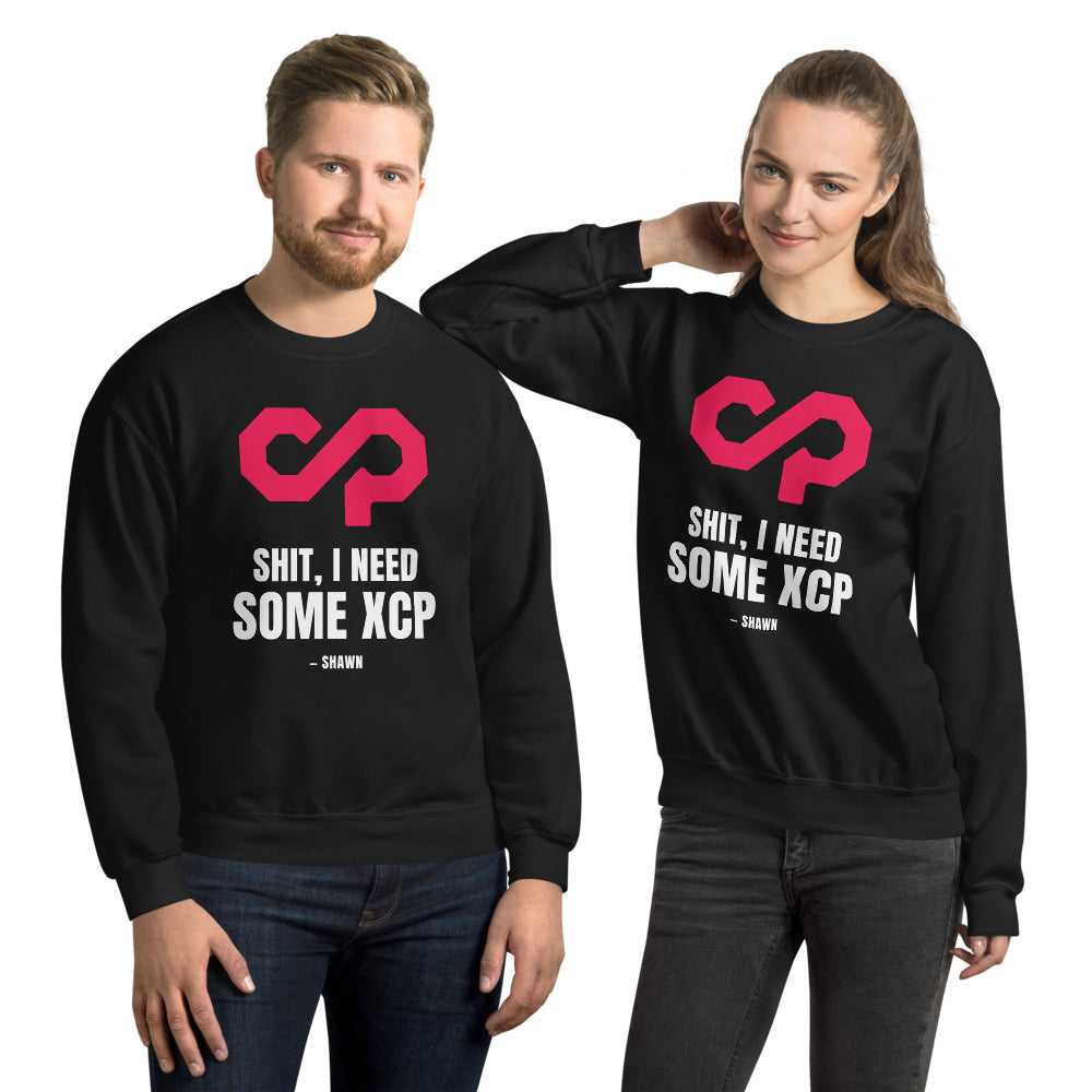 "Shit, I Need Some XCP" Crewneck sweatshirt — Black, Couple's Front