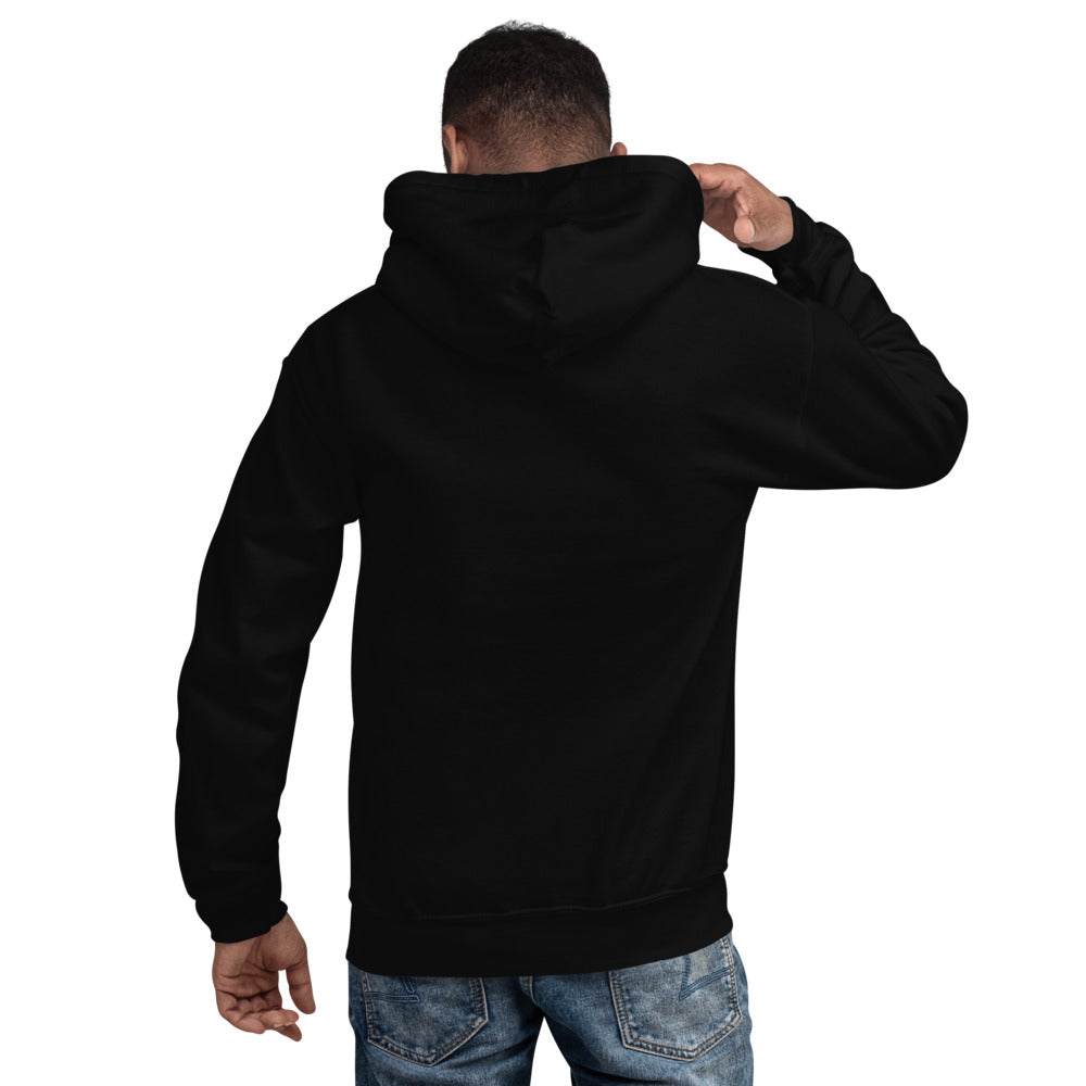 RAREPEPE by Mike — Rare Pepes Series 1 Card 1 — on a black hoodie, Men's 4 Back