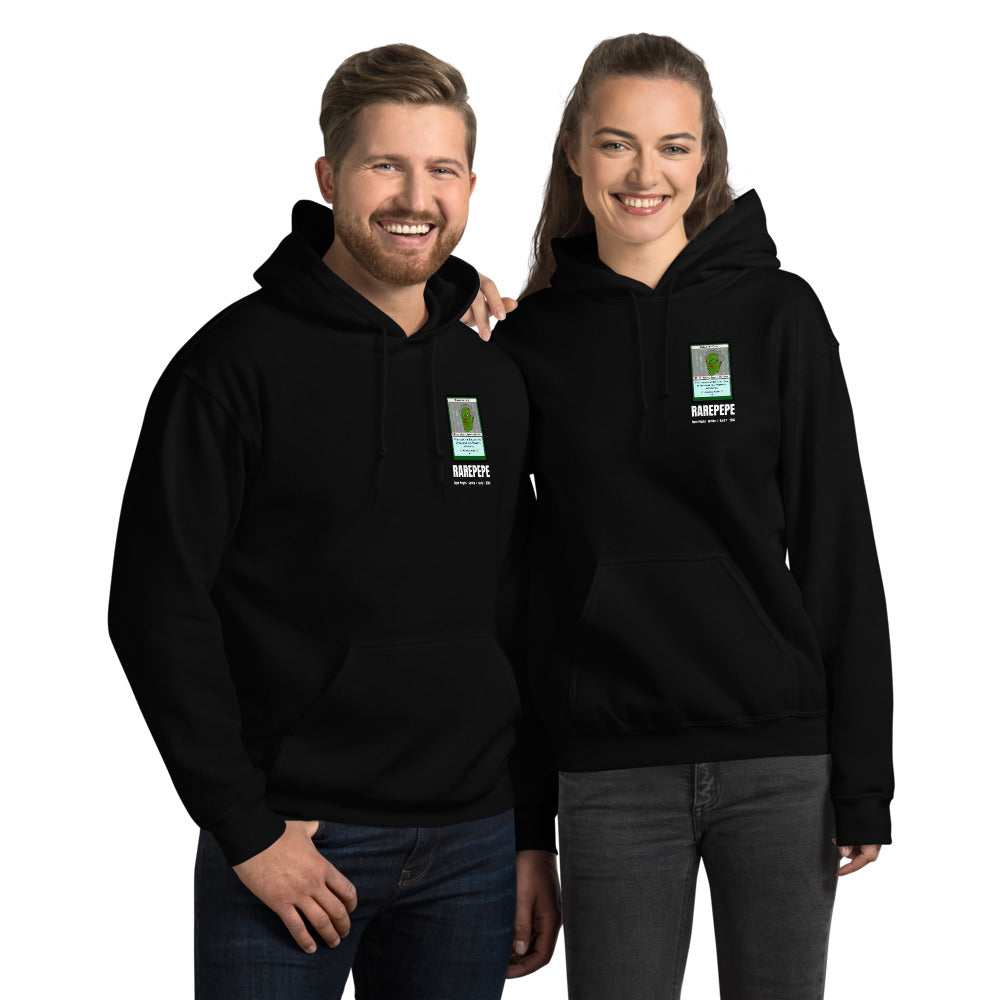 RAREPEPE by Mike — Rare Pepes Series 1 Card 1 — on a black hoodie, Couple's Front, left chest