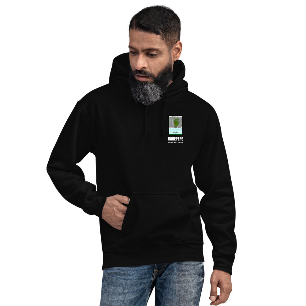 RAREPEPE by Mike — Rare Pepes Series 1 Card 1 — on a black hoodie, Men's 4 Front, left chest