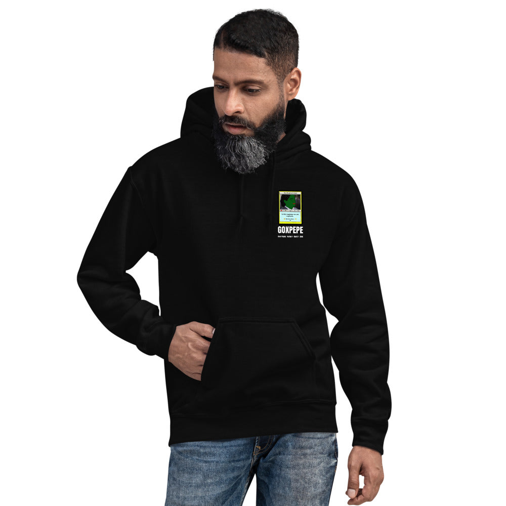GOXPEPE by Mike — Rare Pepes Series 1 Card 2 — on a black hoodie, Men's 4 Front, left chest