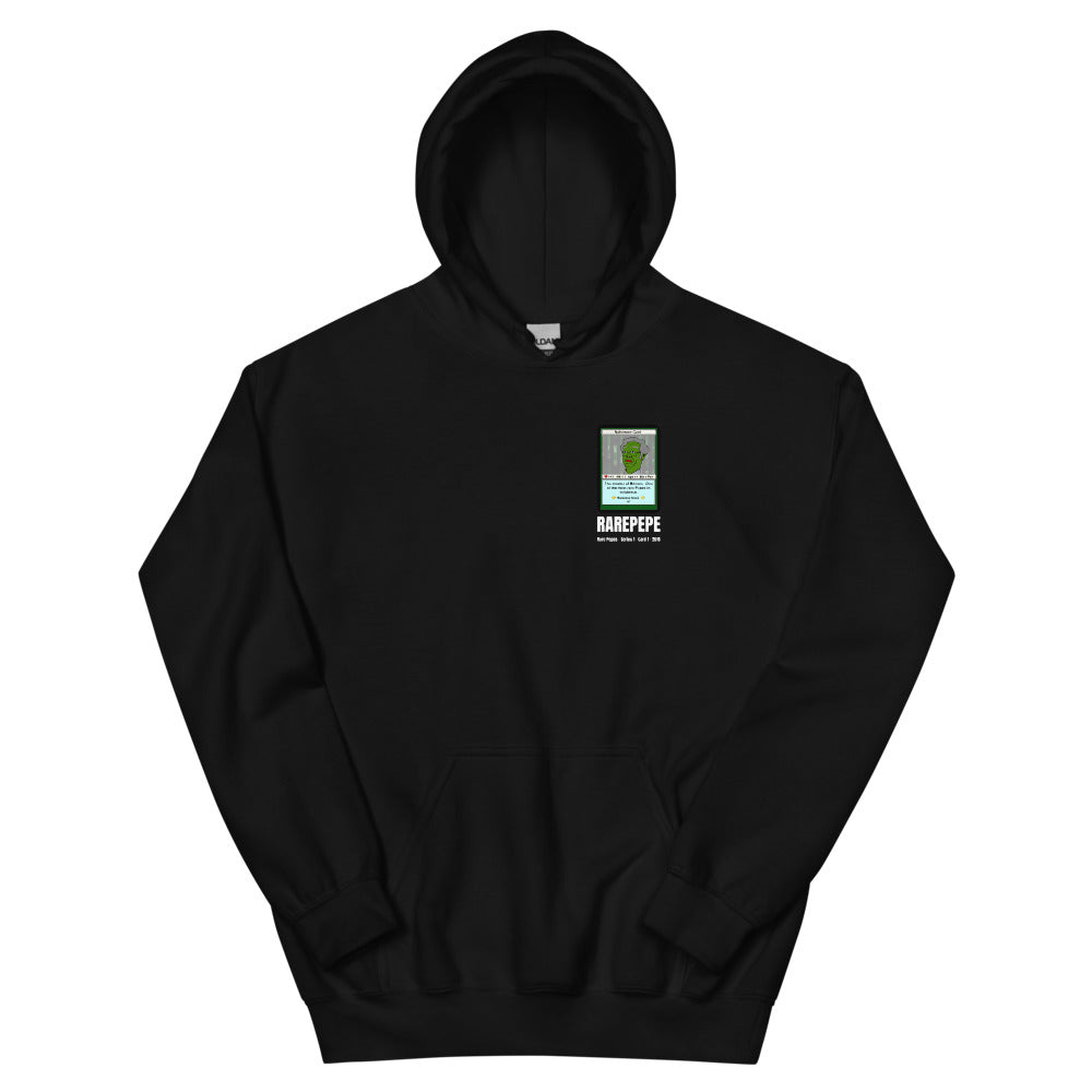 RAREPEPE by Mike — Rare Pepes Series 1 Card 1 — on a black hoodie, Flat Front, left chest