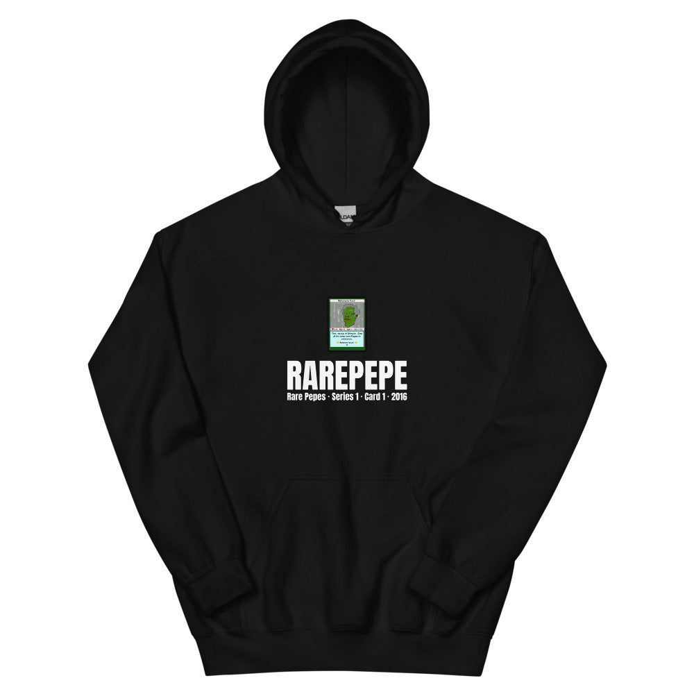 RAREPEPE by Mike — Rare Pepes Series 1 Card 1 — on a black hoodie, Flat Front, centred