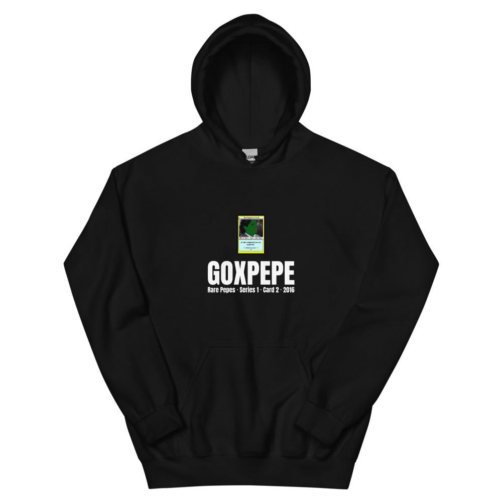 GOXPEPE by Mike — Rare Pepes Series 1 Card 2 — on a black hoodie, Flat Front, centred