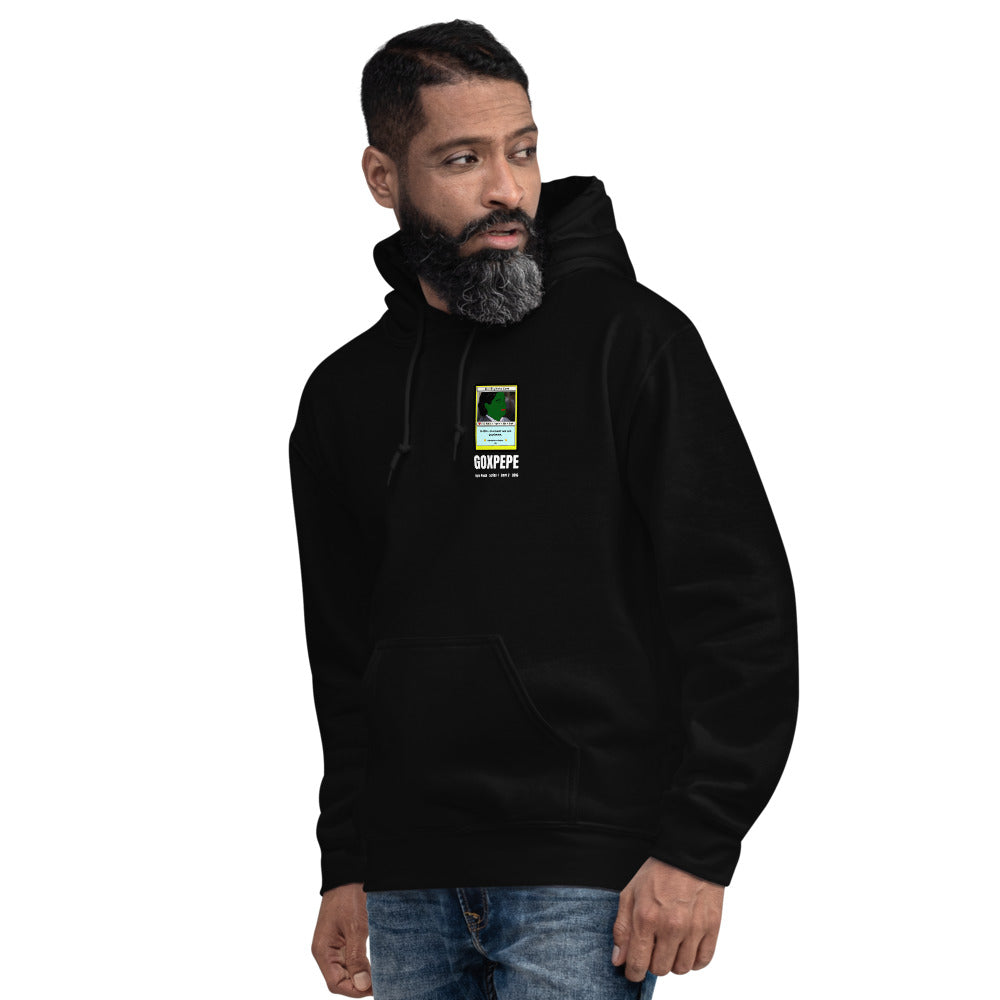 GOXPEPE by Mike — Rare Pepes Series 1 Card 2 — on a black hoodie, Men's 4 Left Front, left chest