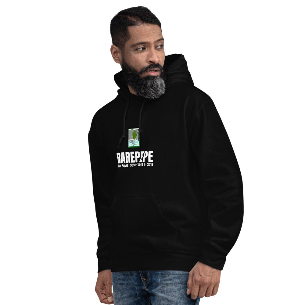 RAREPEPE by Mike — Rare Pepes Series 1 Card 1 — on a black hoodie, Men's 4 Left Front, centred