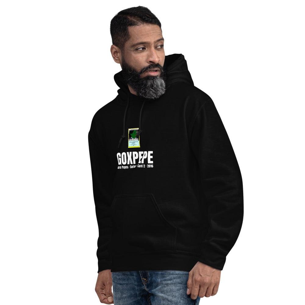 GOXPEPE by Mike — Rare Pepes Series 1 Card 2 — on a black hoodie, Men's 4 Left Front, centred