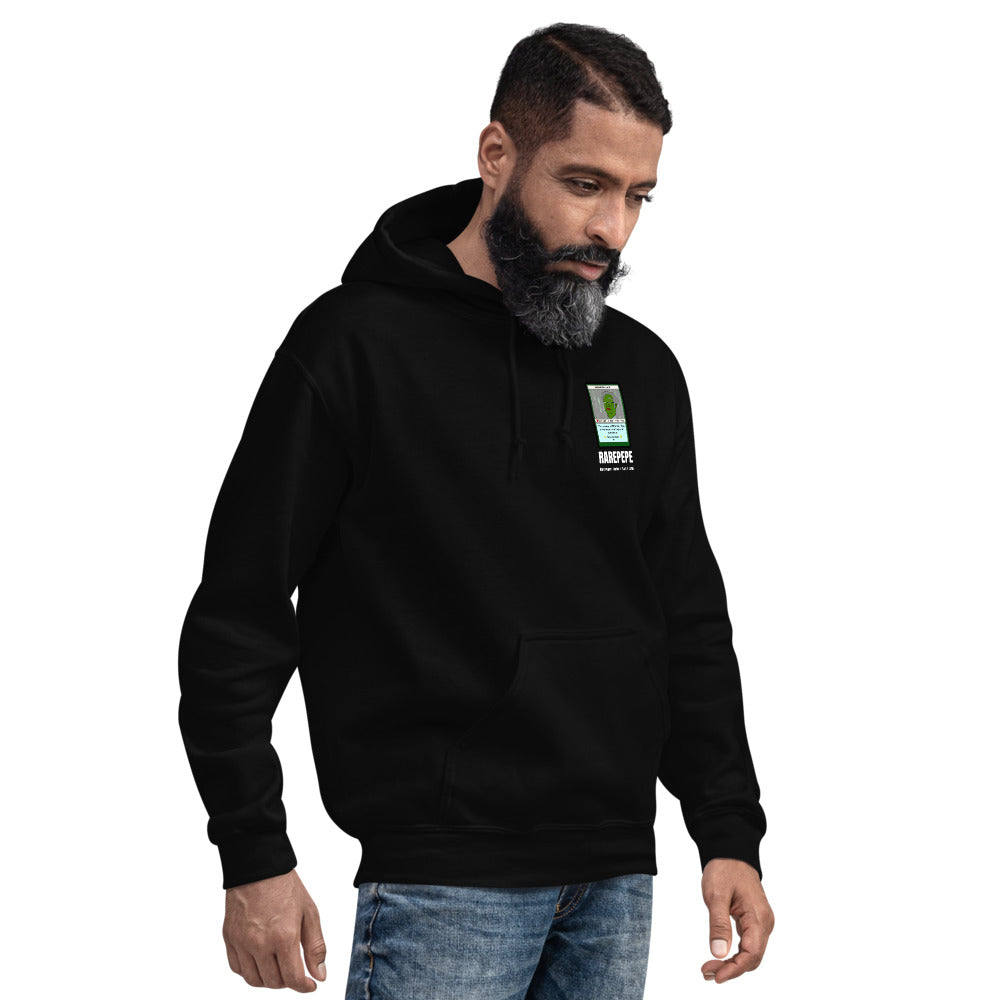 RAREPEPE by Mike — Rare Pepes Series 1 Card 1 — on a black hoodie, Men's 4 Right Front, left chest