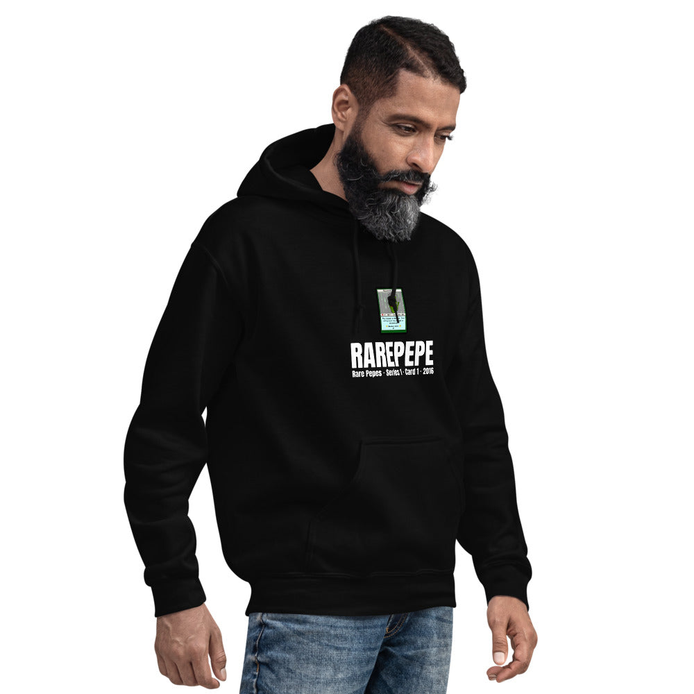 RAREPEPE by Mike — Rare Pepes Series 1 Card 1 — on a black hoodie, Men's 4 Right Front, centred