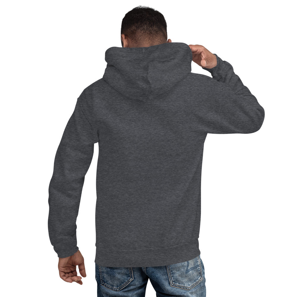RAREPEPE by Mike — Rare Pepes Series 1 Card 1 — on a dark heather hoodie, Men's 4 Back
