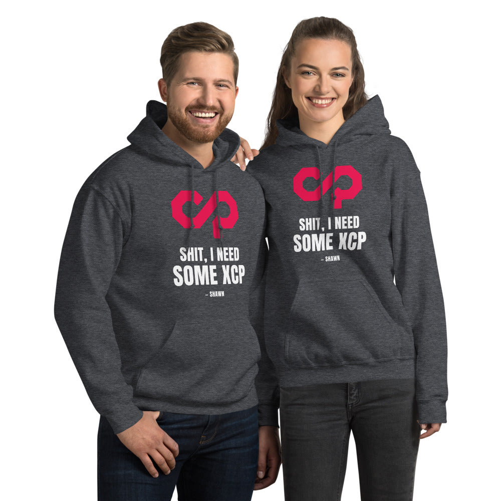 "Shit, I Need Some XCP" Hoodie — Dark Heather, Couple's Front