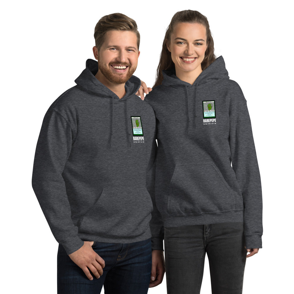 RAREPEPE by Mike — Rare Pepes Series 1 Card 1 — on a dark heather hoodie, Couple's Front, left chest