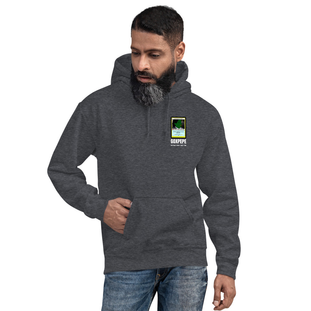 GOXPEPE by Mike — Rare Pepes Series 1 Card 2 — on a dark heather hoodie, Men's 4 Front, left chest
