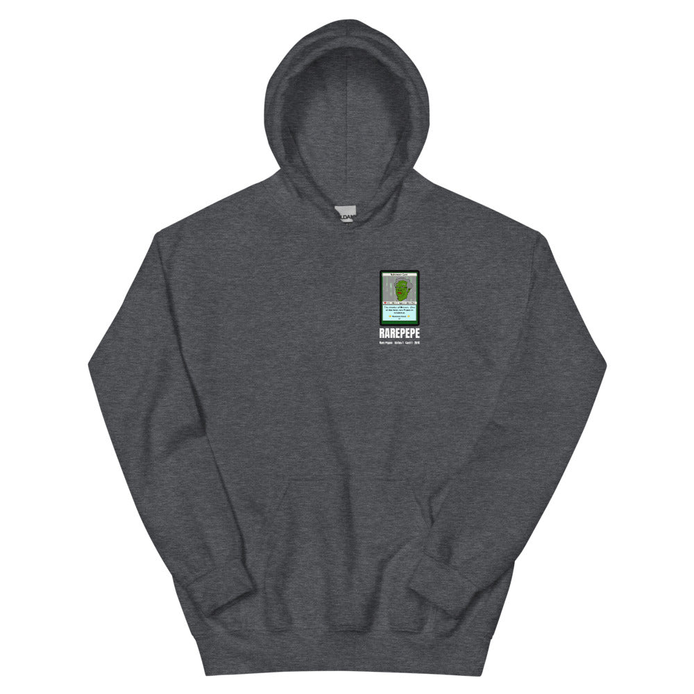 RAREPEPE by Mike — Rare Pepes Series 1 Card 1 — on a dark heather hoodie, Flat Front, left chest