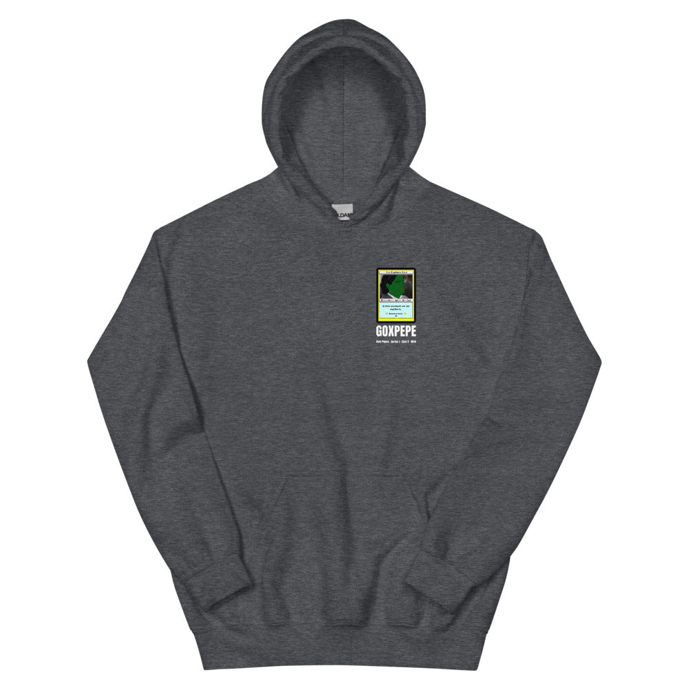 GOXPEPE by Mike — Rare Pepes Series 1 Card 2 — on a dark heather hoodie, Flat Front, left chest