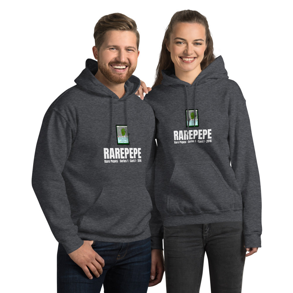 RAREPEPE by Mike — Rare Pepes Series 1 Card 1 — on a dark heather hoodie, Couple's Front, centred
