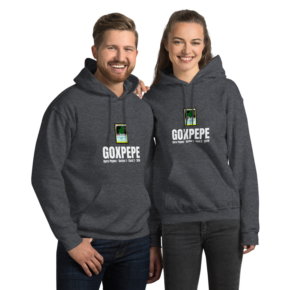GOXPEPE by Mike — Rare Pepes Series 1 Card 2 — on a dark heather hoodie, Couple's Front, centred