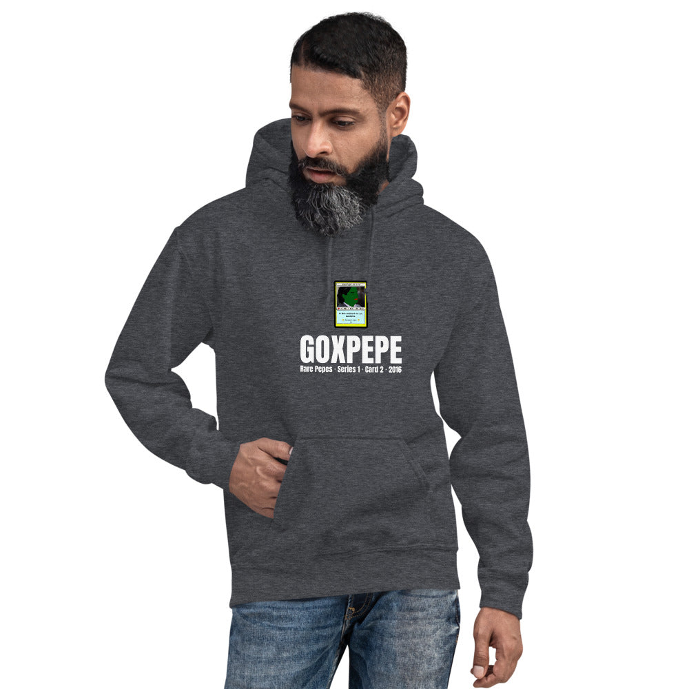 GOXPEPE by Mike — Rare Pepes Series 1 Card 2 — on a dark heather hoodie, Men's 4 Front, centred