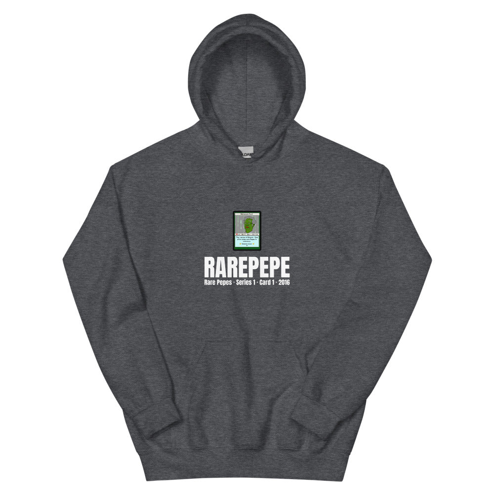 RAREPEPE by Mike — Rare Pepes Series 1 Card 1 — on a dark heather hoodie, Flat Front, centred