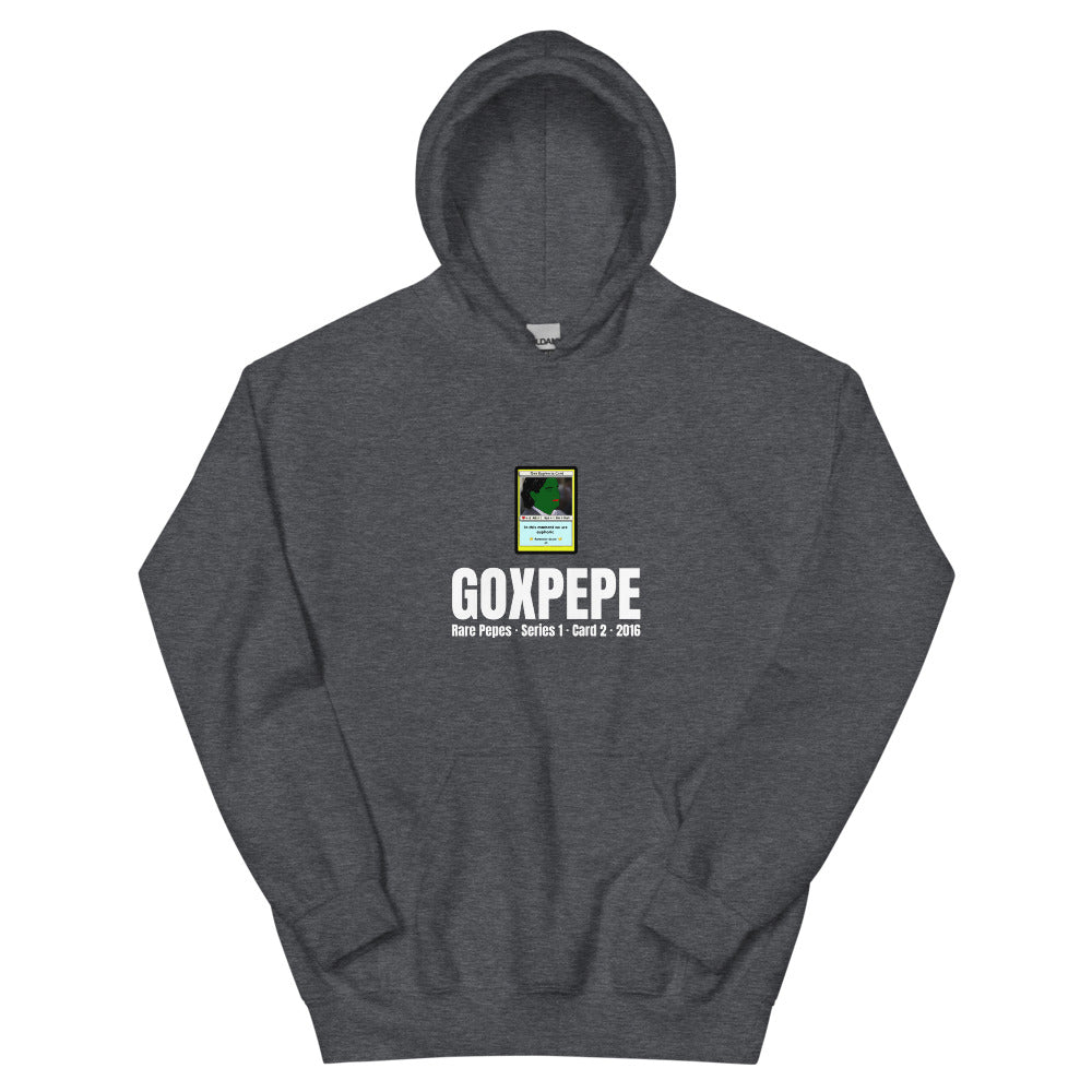 GOXPEPE by Mike — Rare Pepes Series 1 Card 2 — on a dark heather hoodie, Flat Front, centred