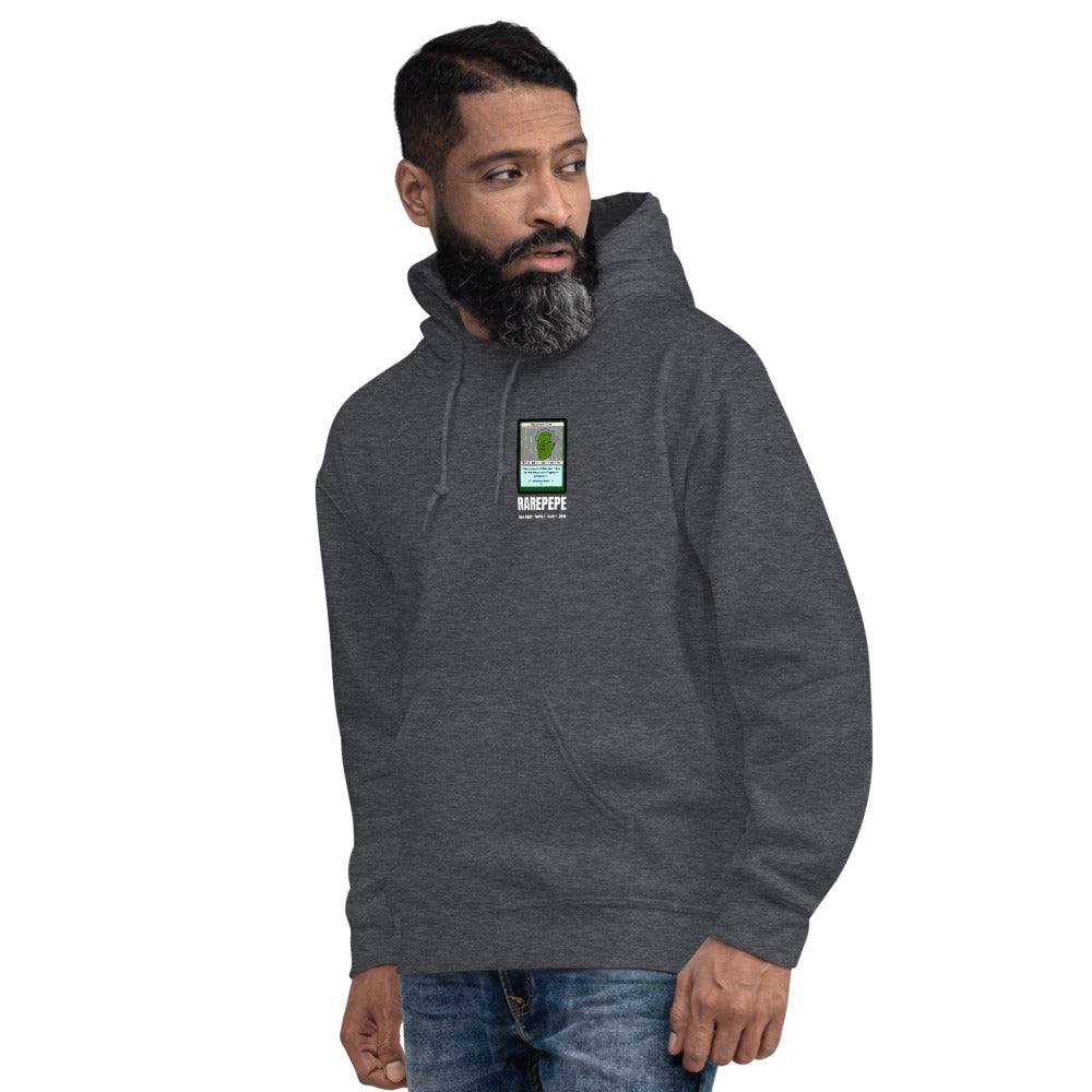 RAREPEPE by Mike — Rare Pepes Series 1 Card 1 — on a dark heather hoodie, Men's 4 Left Front, left chest