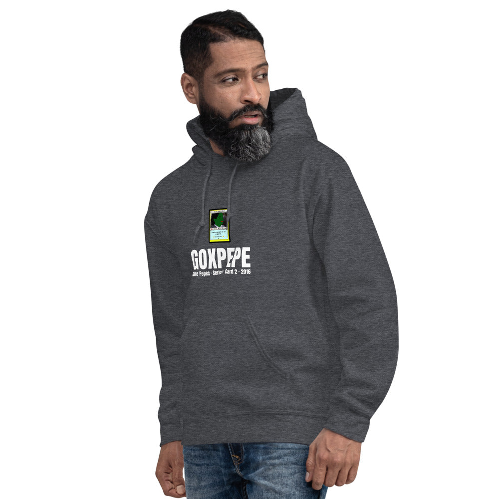 GOXPEPE by Mike — Rare Pepes Series 1 Card 2 — on a dark heather hoodie, Men's 4 Left Front, centred