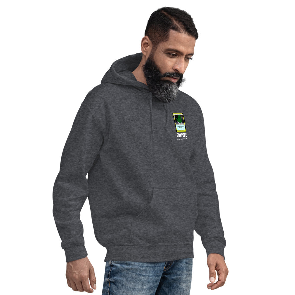 GOXPEPE by Mike — Rare Pepes Series 1 Card 2 — on a dark heather hoodie, Men's 4 Right Front, left chest