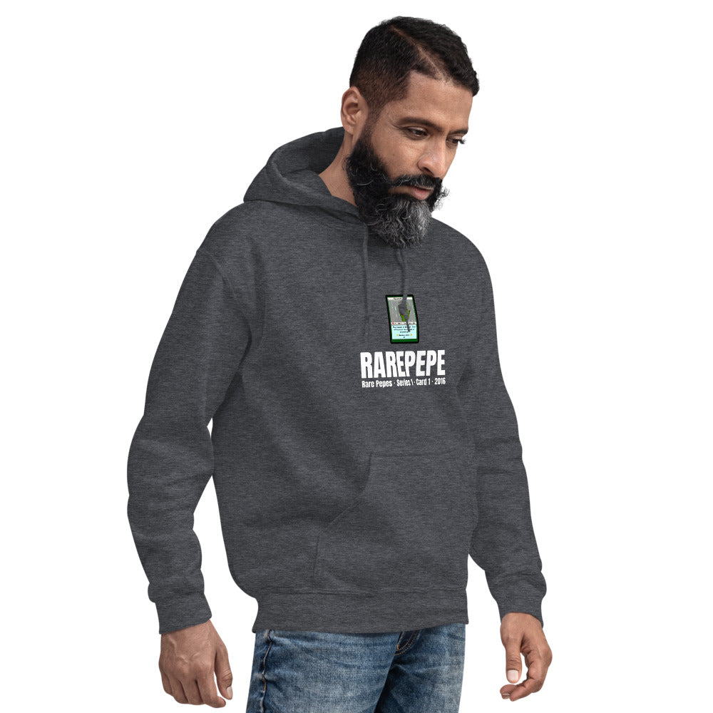 RAREPEPE by Mike — Rare Pepes Series 1 Card 1 — on a dark heather hoodie, Men's 4 Right Front, centred
