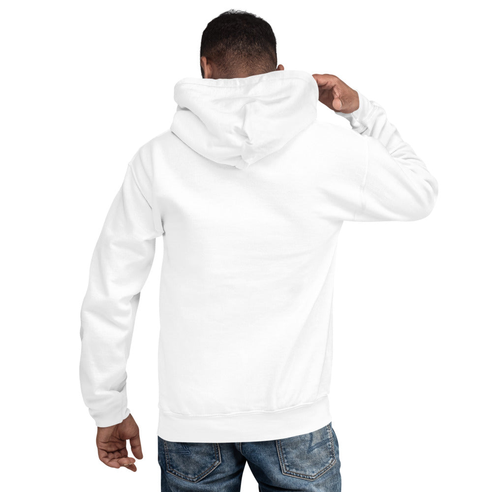 RAREPEPE by Mike — Rare Pepes Series 1 Card 1 — on a white hoodie, Men's 4 Back