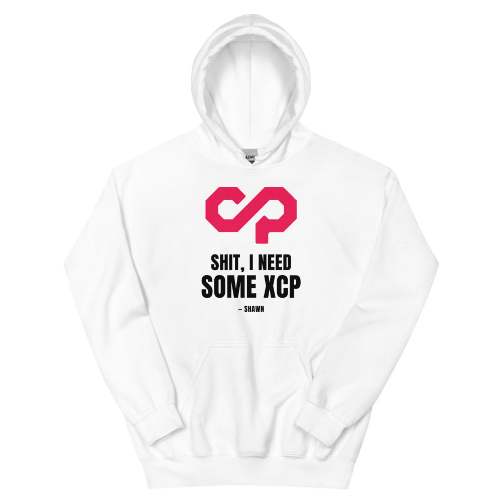 "Shit, I Need Some XCP" Hoodie — White, Flat Front