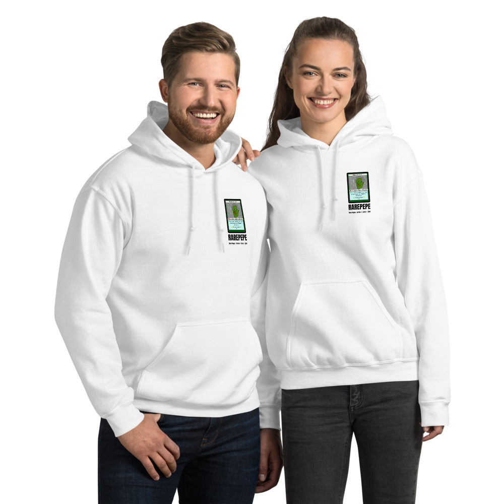 RAREPEPE by Mike — Rare Pepes Series 1 Card 1 — on a white hoodie, Couple's Front, left chest