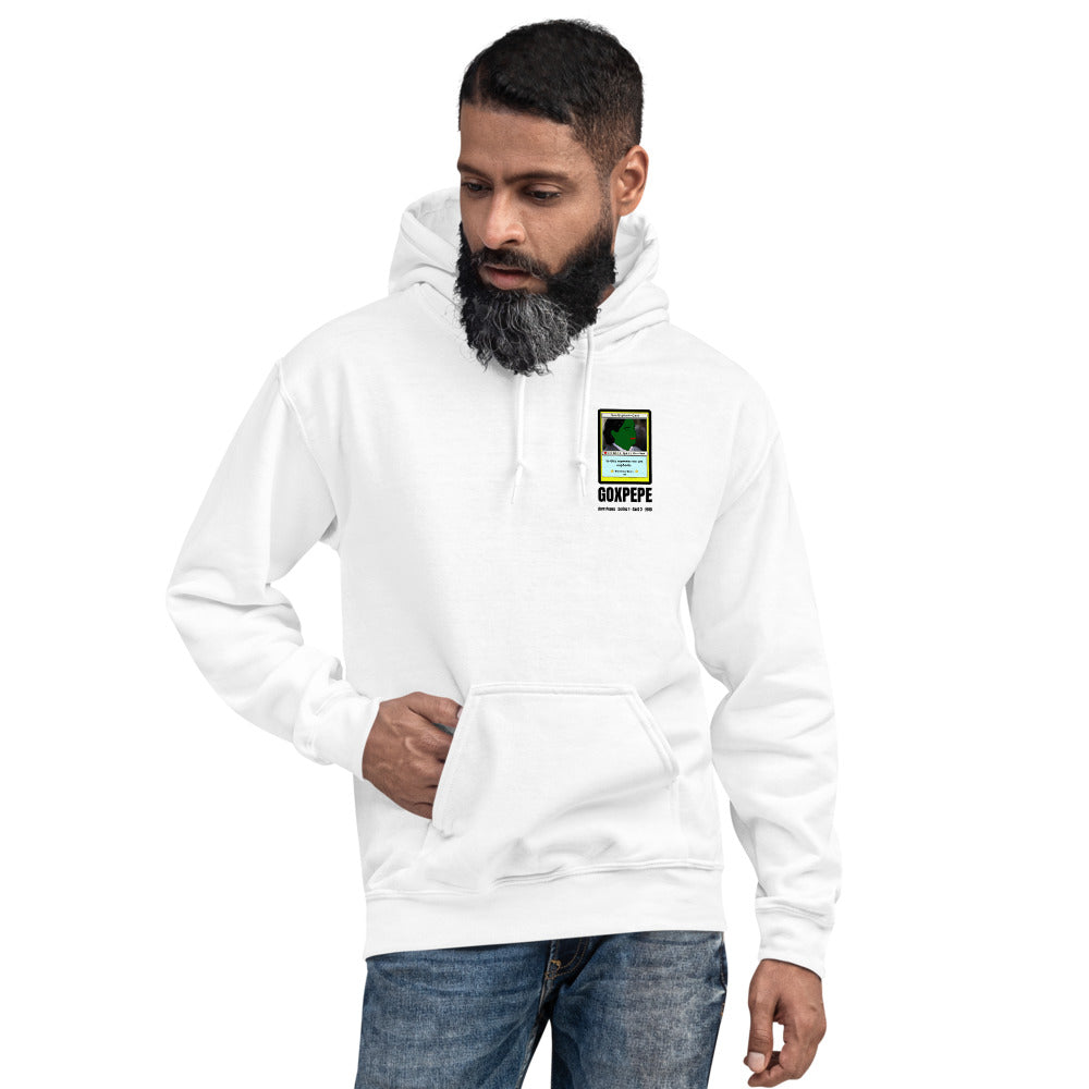 GOXPEPE by Mike — Rare Pepes Series 1 Card 2 — on a white hoodie, Men's 4 Front, left chest