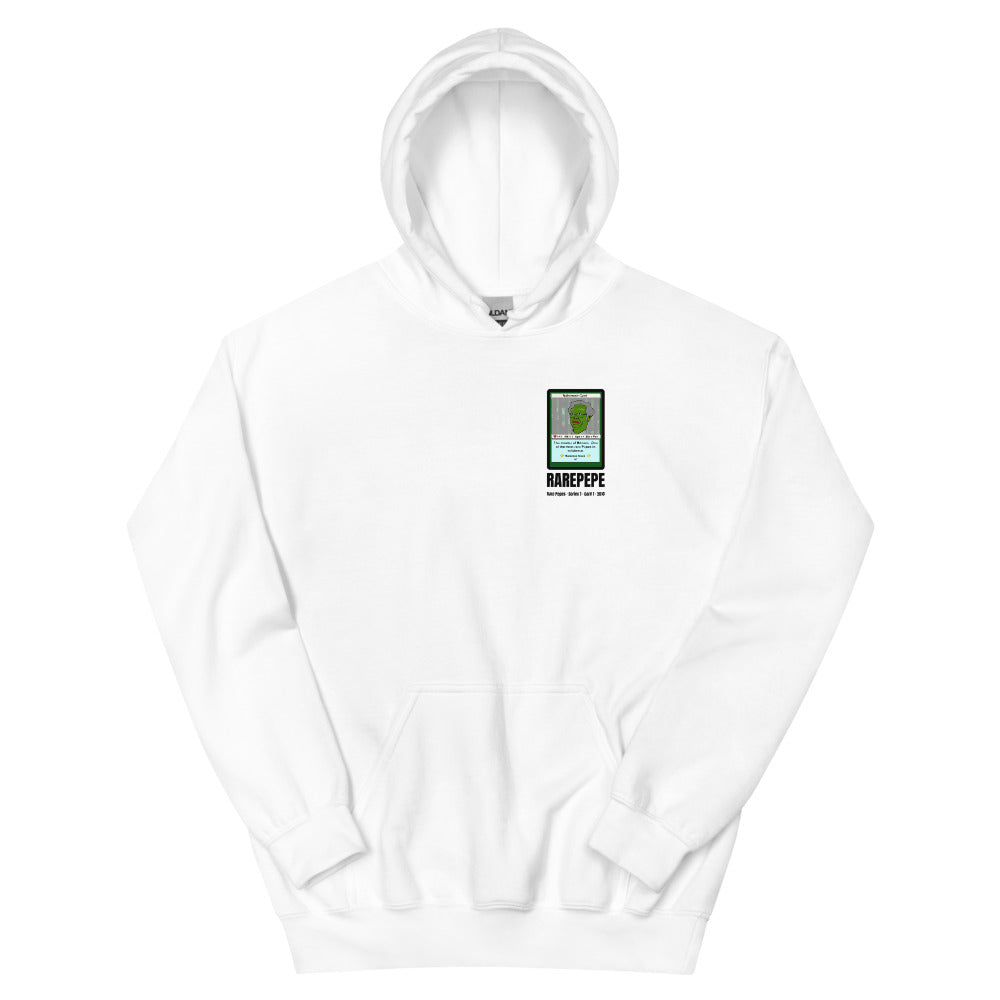 RAREPEPE by Mike — Rare Pepes Series 1 Card 1 — on a white hoodie, Flat Front, left chest