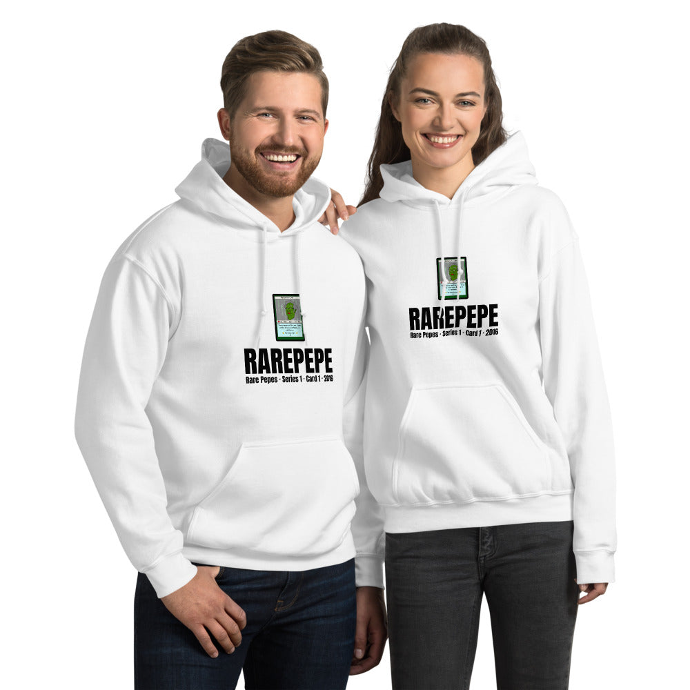 RAREPEPE by Mike — Rare Pepes Series 1 Card 1 — on a white hoodie, Couple's Front, centred