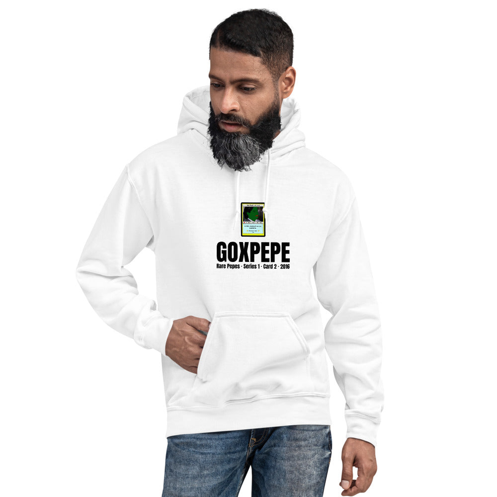 GOXPEPE by Mike — Rare Pepes Series 1 Card 2 — on a white hoodie, Men's 4 Front, centred