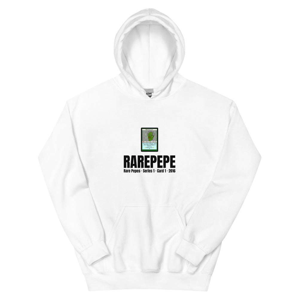 RAREPEPE by Mike — Rare Pepes Series 1 Card 1 — on a white hoodie, Flat Front, centred