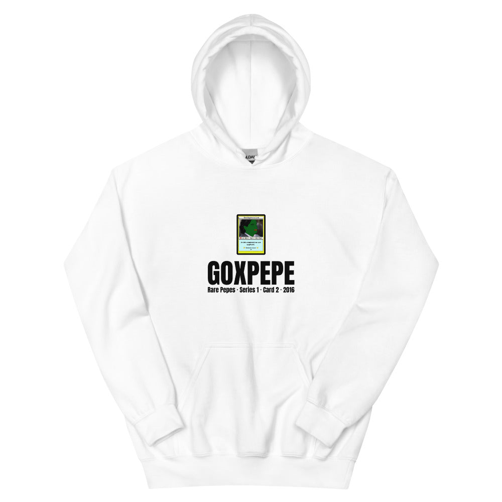 GOXPEPE by Mike — Rare Pepes Series 1 Card 2 — on a white hoodie, Flat Front, centred