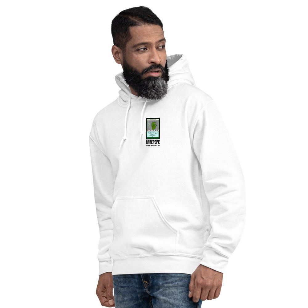 RAREPEPE by Mike — Rare Pepes Series 1 Card 1 — on a white hoodie, Men's 4 Left Front, left chest