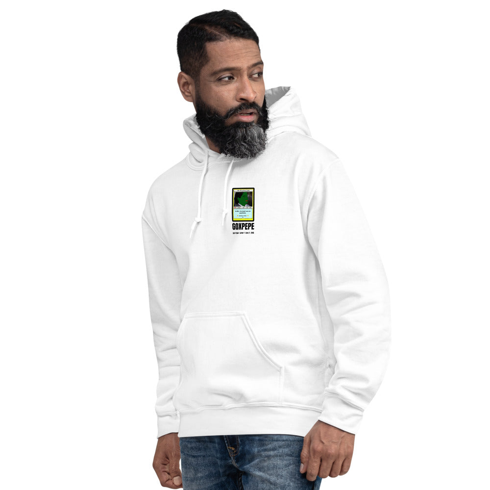 GOXPEPE by Mike — Rare Pepes Series 1 Card 2 — on a white hoodie, Men's 4 Left Front, left chest