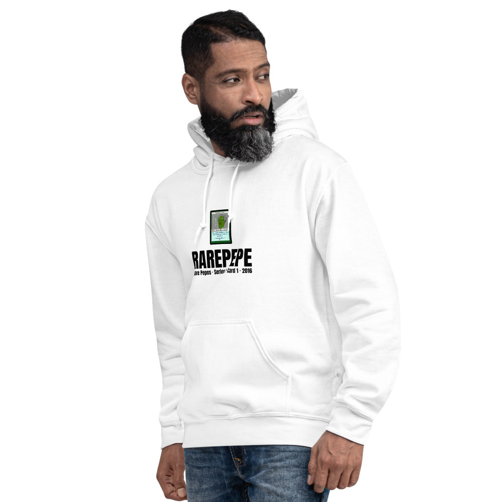 RAREPEPE by Mike — Rare Pepes Series 1 Card 1 — on a white hoodie, Men's 4 Left Front, centred