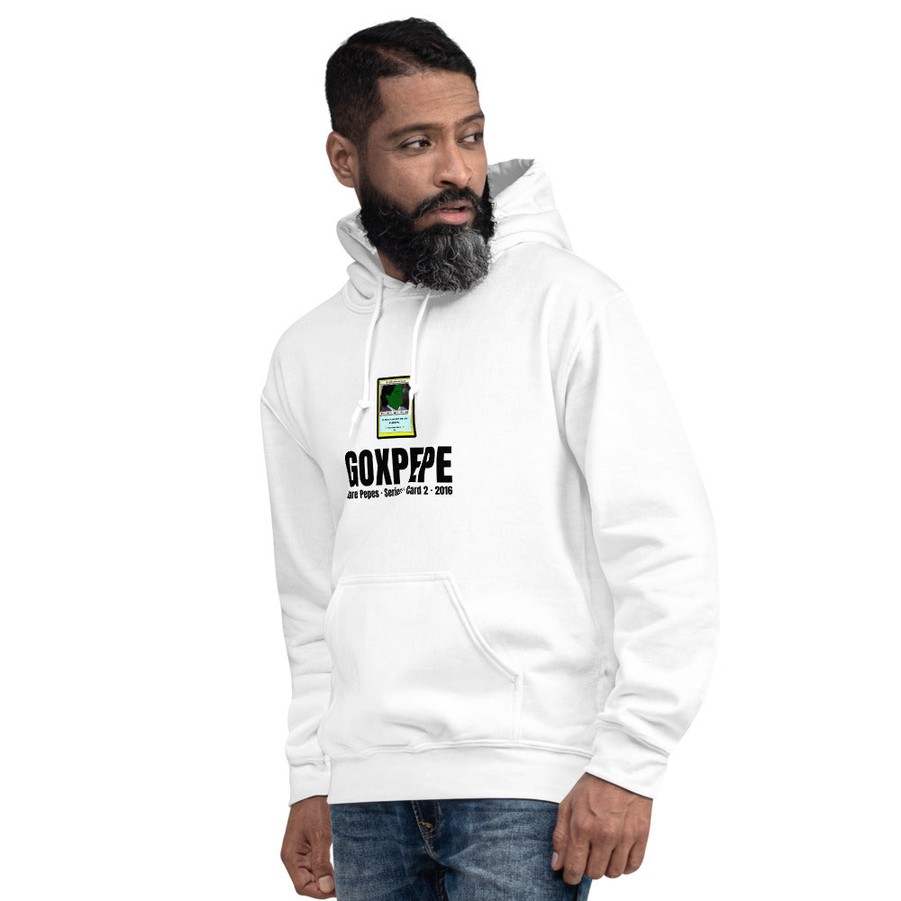 GOXPEPE by Mike — Rare Pepes Series 1 Card 2 — on a white hoodie, Men's 4 Left Front, centred