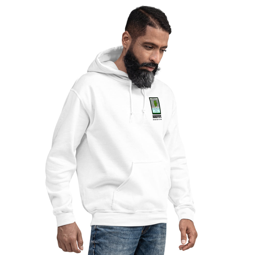 RAREPEPE by Mike — Rare Pepes Series 1 Card 1 — on a white hoodie, Men's 4 Right Front, left chest