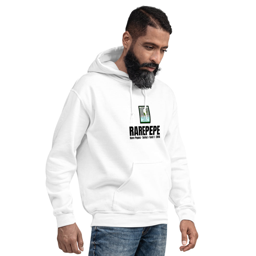 RAREPEPE by Mike — Rare Pepes Series 1 Card 1 — on a white hoodie, Men's 4 Right Front, centred