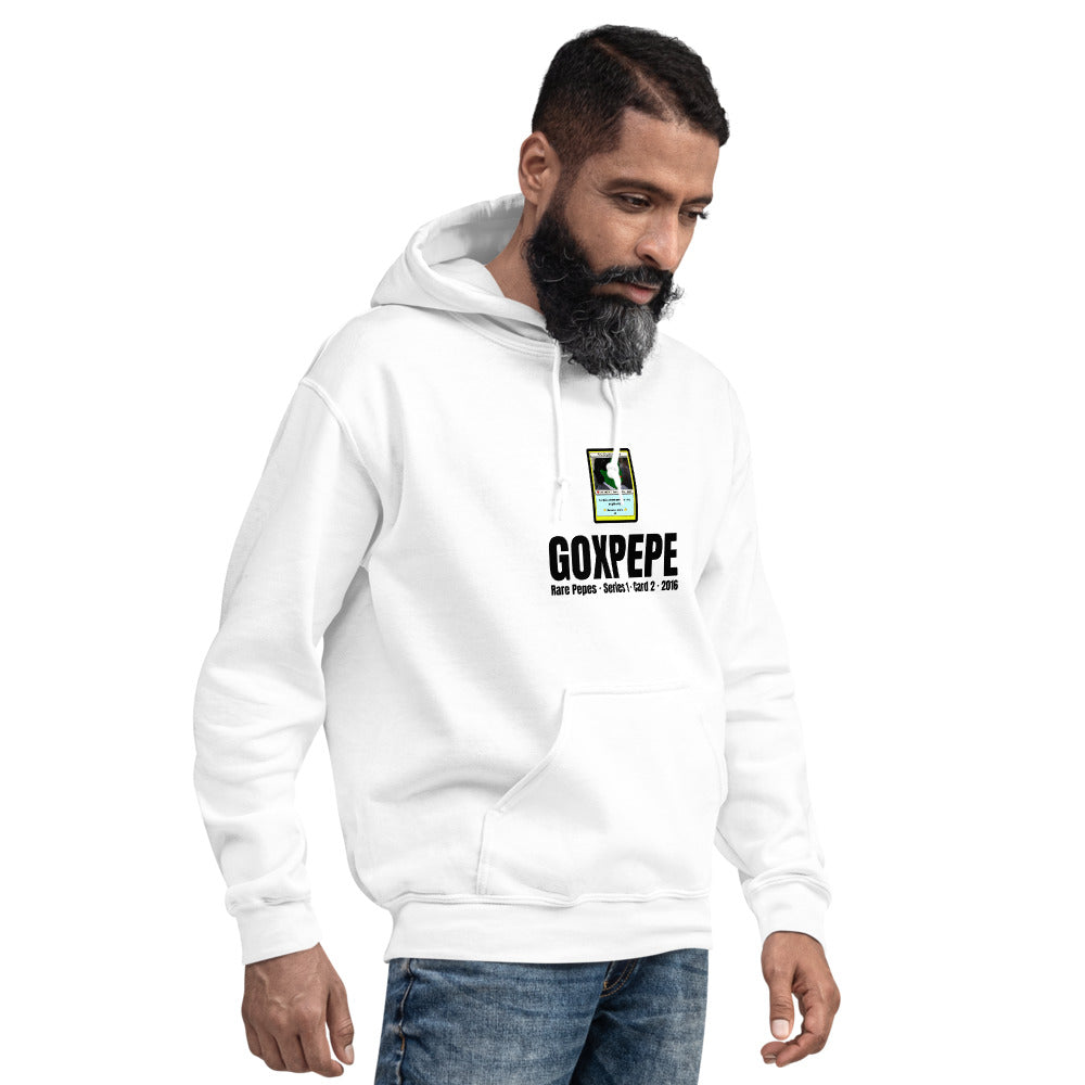 GOXPEPE by Mike — Rare Pepes Series 1 Card 2 — on a white hoodie, Men's 4 Right Front, centred