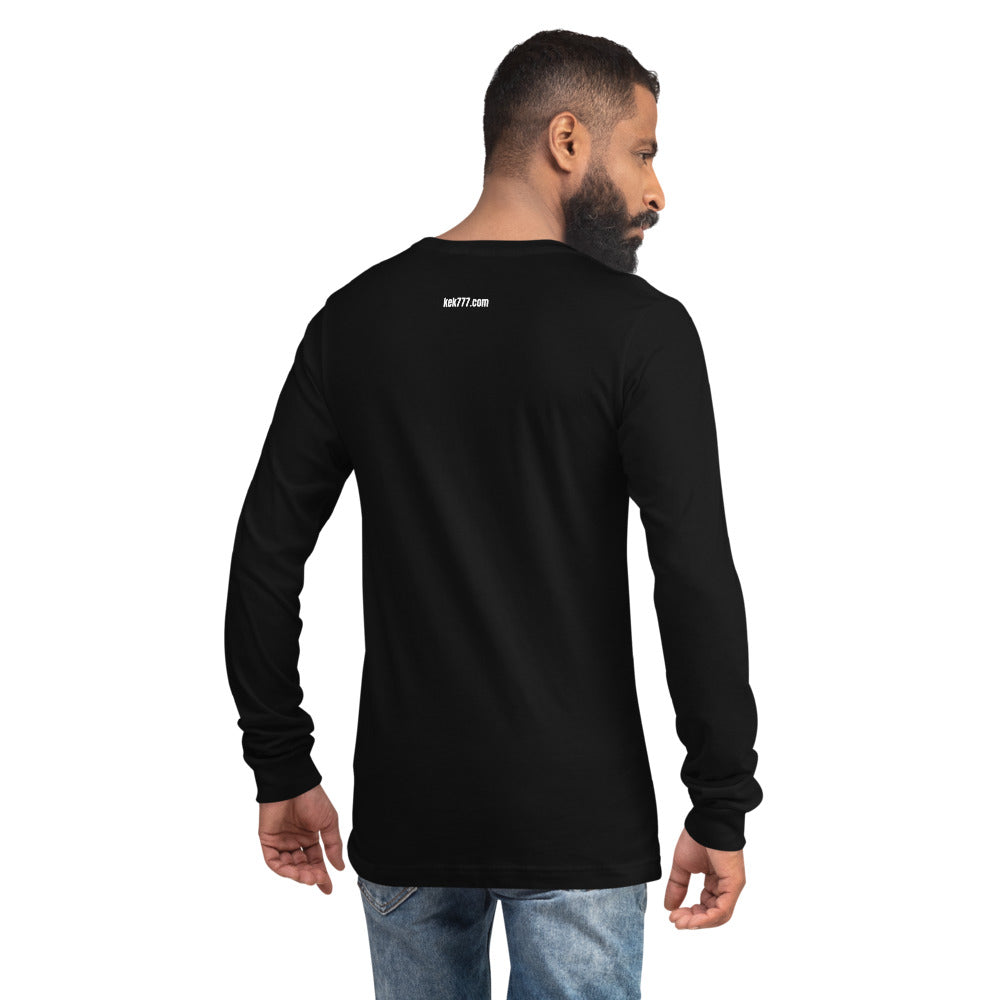 RAREPEPE by Mike — Rare Pepes Series 1 Card 1 — on a black long sleeve tee, Men's 2 Back